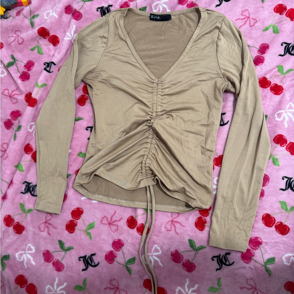 Express Beige Ruched V-Neck Long Sleeve Top